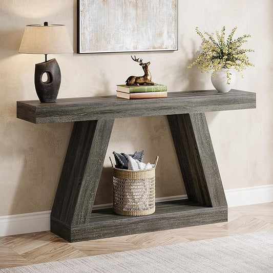 Tribesigns Farmhouse Console Table, 55-Inch Rustic Sofa Table with Storage, Industrial Wooden Entryway Table for Hallway, Living Room, Gray