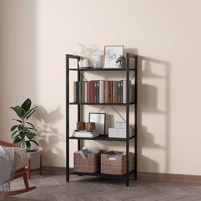 4-Tier Bookshelf, 47.2'' H Ladder Shelf, Industrial Bookcase, Wooden and Metal Storage Rack, Shelving Unit for Living Room Entryway Office, Black Book Shelves, 24 * 11.8 * 47.2 inches
