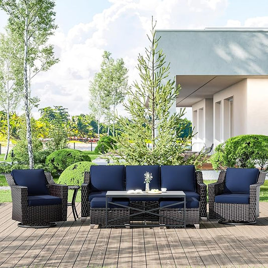 7 Pieces Wicker Patio Furniture, Luxury Outdoor Furniture with 2 Patio Swivel Chair, 3-Seater Sofa, 2 Patio Ottoman, 1 Coffee Table and 1 Side Table, Wide Armrest, Thickened Cushions