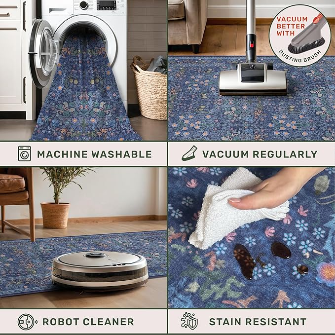 Washable Dark Blue Rug for Living Room - 9x12 Large Area Rug for Dining Room Under Table, Bedroom, Soft Low Pile Non-Slip Stain Resistant Carpet - Vintage Navy Floral Design