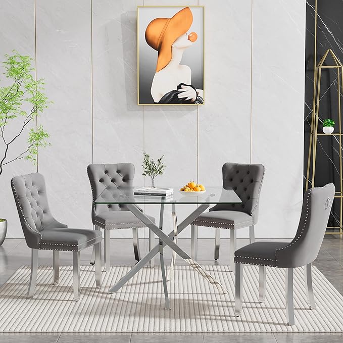 Goujxcy 5 Piece Glass Dining Table Set Modern Small Glass Dining Table Set for 4, 35.43" Square Kitchen Table and 4 Velvet Upholstered Chairs for Kitchen Dining Room, Silver & Grey