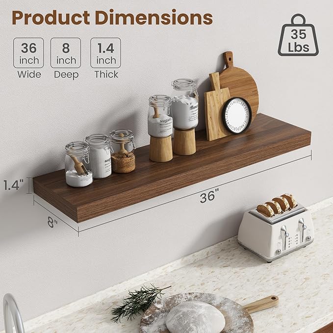 36 Inch Floating Shelves for Wall, 8 Inch Deep Floating Shelf for Storage & Display, Rustic Wall Mounted Shelf with Invisible Brackets for Living Room, Kitchen, Bathroom, Home Decor, Set of 2, Walnut