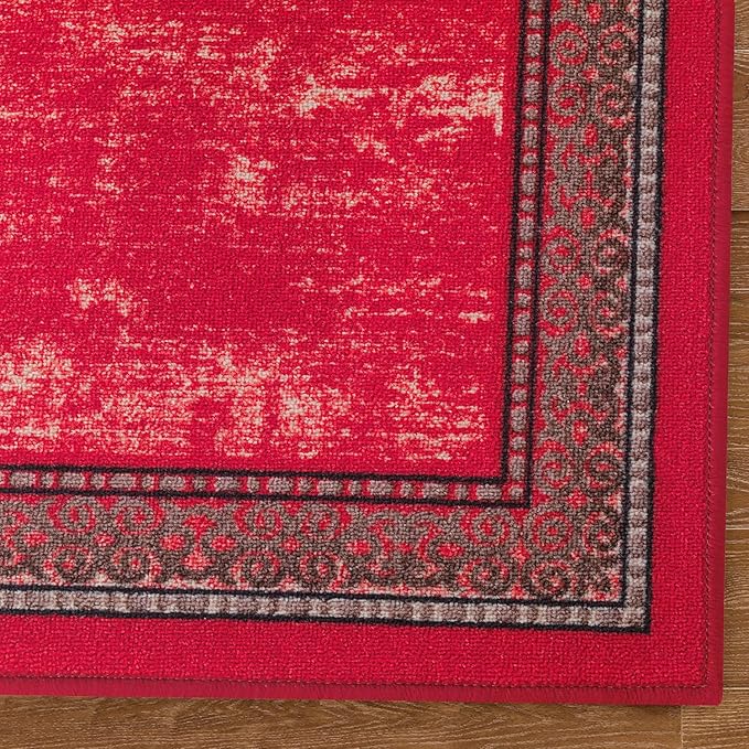 Antep Rugs Alfombras Bordered Modern 2x7 Non-Slip (Non-Skid) Low Pile Rubber Backing Indoor Area Runner Rug (Red, 2' x 7')