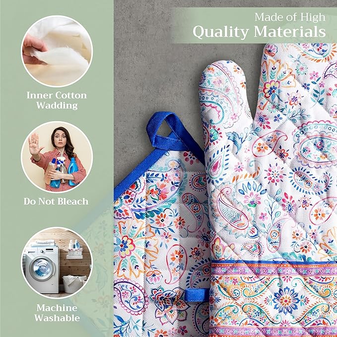 Maison d' Hermine 100% Cotton Oven Mitt & Pot Holder Set (7.5"x13" & 8"x8") Heat Resistant BBQ Cooking Gloves with Loop, Baking, Grilling, Kitchen, Handling Hot Pans Spring/Summer (Indian Floral)