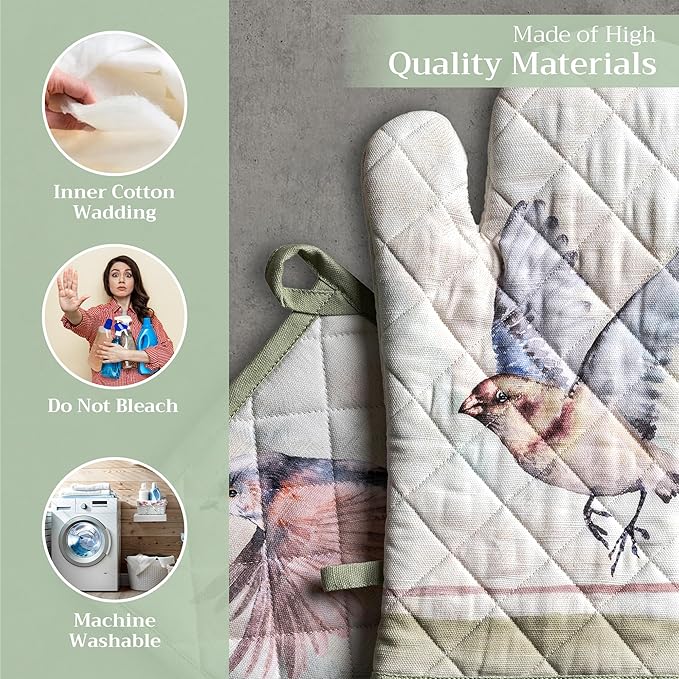 Maison d' Hermine 100% Cotton Oven Mitt & Pot Holder Set (7.5"x13" & 8"x8") Heat Resistant BBQ Cooking Gloves with Loop, Baking, Grilling, Kitchen, Handling Hot Pans Spring/Summer (Flying Birds)