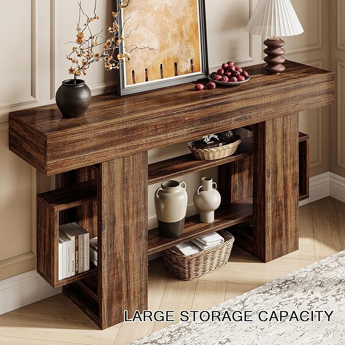 63 Inch Long Console Table for Entryway, Farmhouse Wooden Sofa Table Behind Couch with 3-Tier Storage Shelf, Narrow Entry Accent Table for Living Room, Hallway, Foyer, Rustic Brown