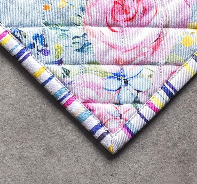 Maison d' Hermine 100% Cotton Oven Mitt & Pot Holder Set (7.5"x13" & 8"x8") Heat Resistant BBQ Cooking Gloves with Loop, Grilling, Kitchen, Handling Hot Pans Spring/Summer (Sweet Rose Lavender - Lush)