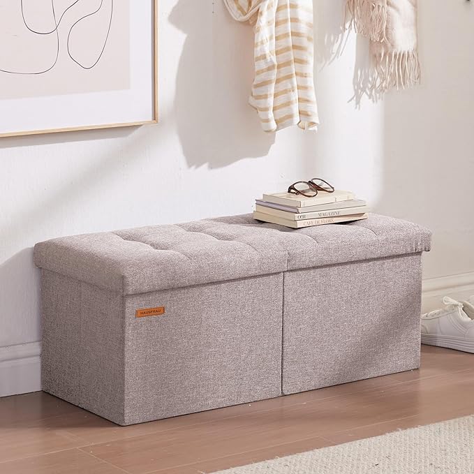 HAUSFRAU 31.5 Inches Ottoman with Storage Bench, Folding Ottoman Bench Small Foot Rest Stool, Bedroom Bench with Flipping Lid, Linen Mushroom Grey