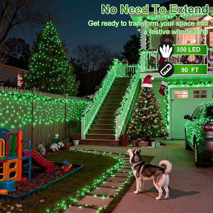 350LED Christmas Lights Indoor Outdoor, 90ft 12 Modes Green LED String Lights with Timer Dimmable, Waterproof Christmas Tree Lights for Xmas Patio Yard Fence Balcony Garden Party Decor Green