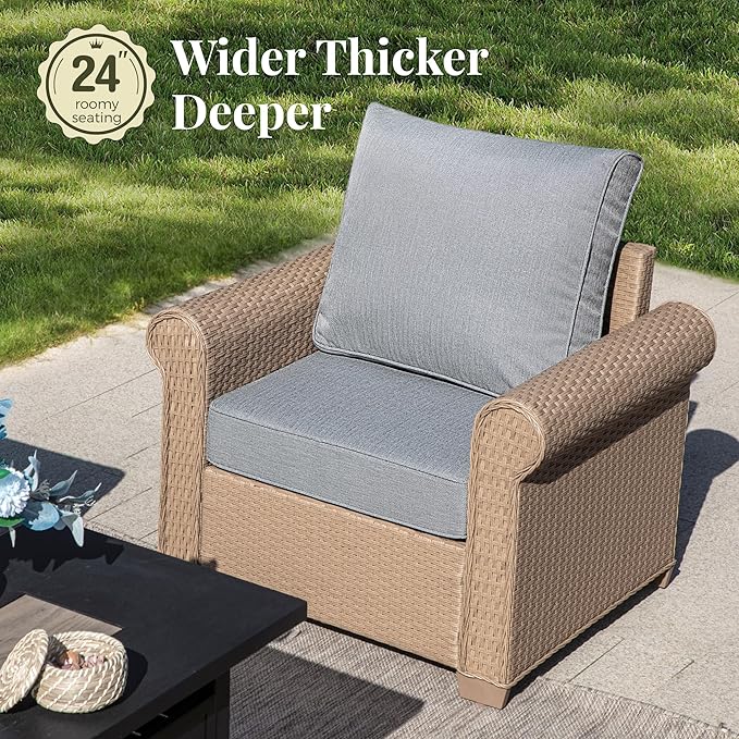 Patio Furniture Set 5 pcs, Wicker Outdoor Patio Furniture, 3-Seat Sofa, 2 Single Chairs and 2 Ottomans, Rattan Patio Conversation Set for Backyard Deck, Grey