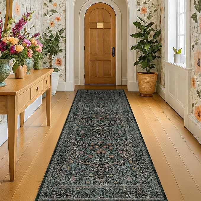 Dark Green 2'6" x 10' Runners for Wide Hallways Non Slip, Extra Long 10ft Floor Runner for Kitchen, Entryway Indoor, Washable Rubber Backing Stain Resistant - Vintage Floral Décor