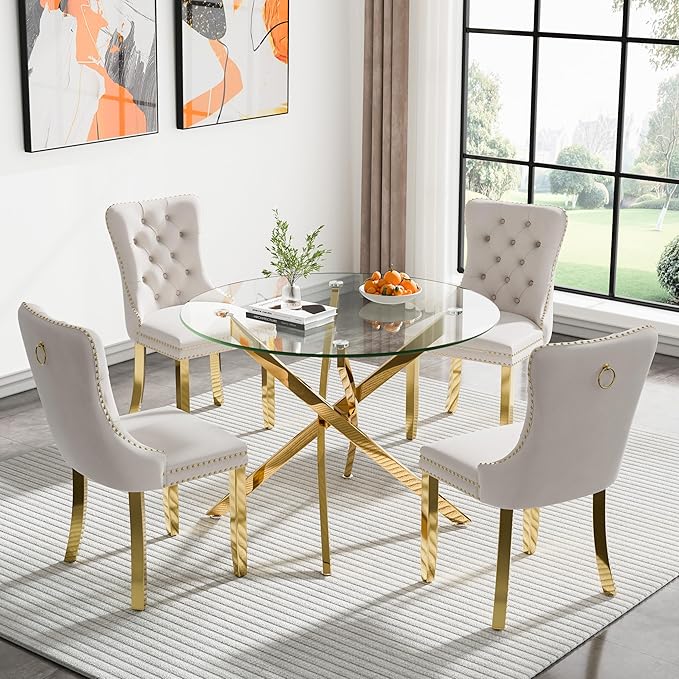 36" Round Dining Table for 4, Glass Kitchen & Dining Room Tables, Modern Circle Dining Room Table w/Tempered Glass Tabletop Gold Finish Metal Legs for Dinner Small Spaces