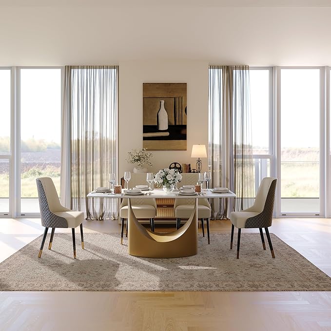 POVISON 71" Hobart Modern Dining Table for 6-8, Matte White Dining Table Sintered Stone Dining Tabletop with Bronze Carbon Steel Pedestal for Dining Room (Table Only)