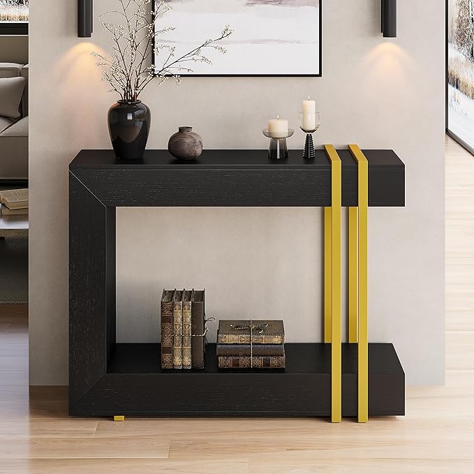 42.5" Console Table Behind Couch, 2-Tier Narrow Entryway Table with Storage, Wood Sofa Tables for Hallway/Entrance/Living Room/Foyer, Black