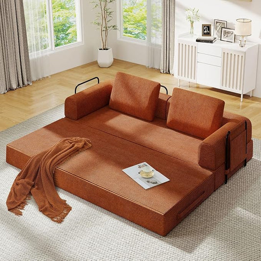 Antetek Convertible Sofa Bed, Comfy Corduroy Fluffy Love seat Sleeper Sofa, 5 in 1 Folding Couch Bed, Fold Out Floor Couch with Pillows for Bedroom, Living Room, Office, Pinstripe, Orange
