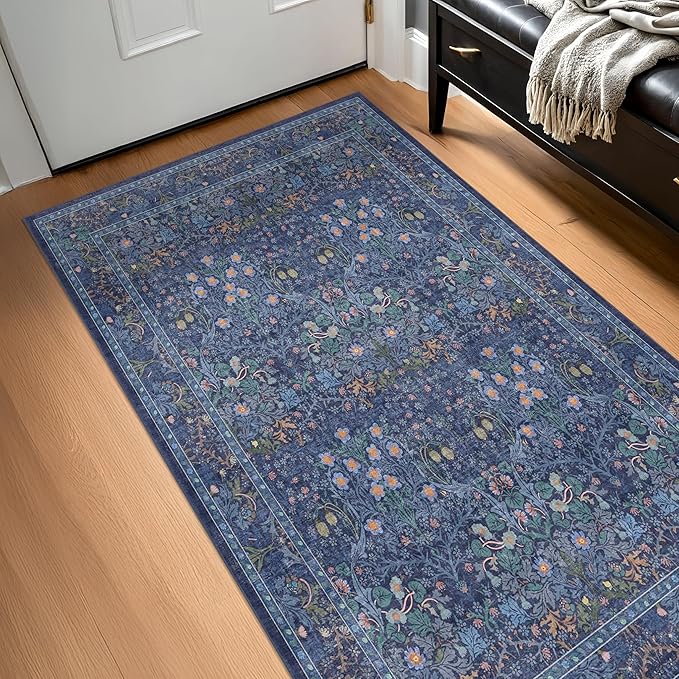 Vintage Dark Blue 3x6 Area Rugs for Large Entryway, Bedroom Beside Rug, Kitchen, Laundry Room, Non-Slip Low Pile Ultra Soft Stain Resistant Small Floral Carpet