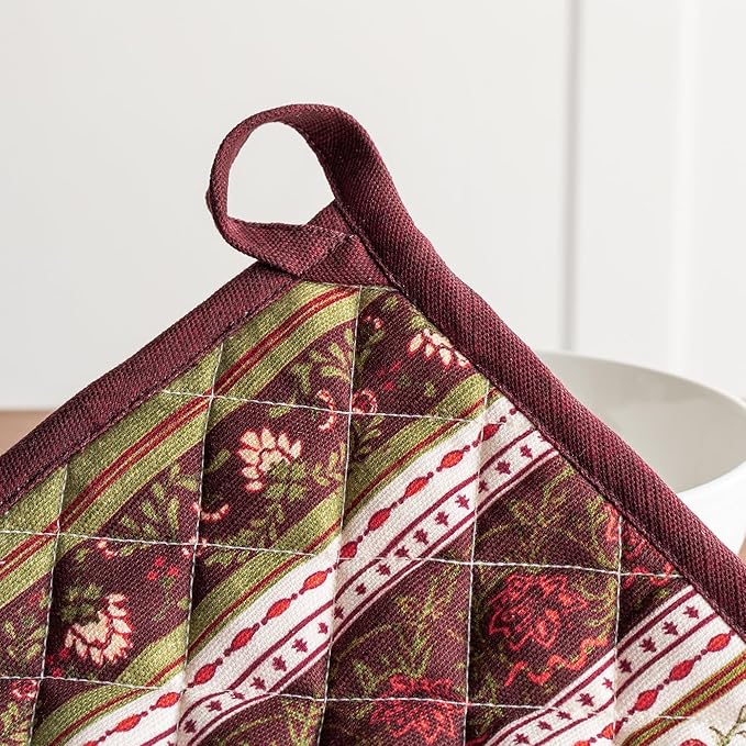 Maison d' Hermine Pot Holders Set 100% Cotton Heat Resistant Potholders 8" x 8" Hot Pads with Loop for Thanksgiving Christmas Decorations Baking Handling Hot Pans (Pack of 2, Reveillon Au Jardin)