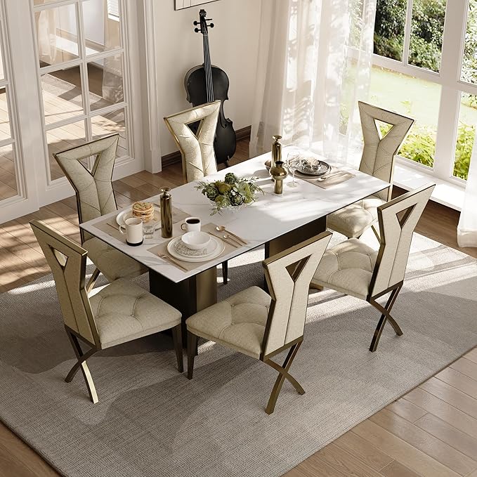 Modern Dining Table for 6, White Sintered Stone Dining Table Top with Brushed Bronze Stainless Steel Base, 70 inch Rectangle Dining Room Table for Home Restaurant (Only Table)