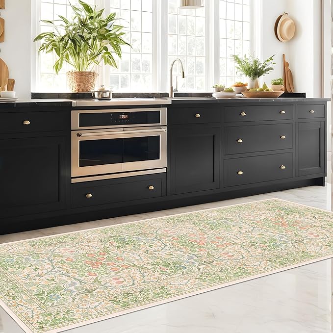 Vintage Beige Green 2'6" x 8' Runner Rug for Kitchen, Hallway, Bathroom, Entryway Indoor, Laundry Room, Washable Non Slip Rubber Backing Stain Resistant