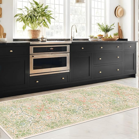 Vintage Beige Green 2'6" x 8' Runner Rug for Kitchen, Hallway, Bathroom, Entryway Indoor, Laundry Room, Washable Non Slip Rubber Backing Stain Resistant