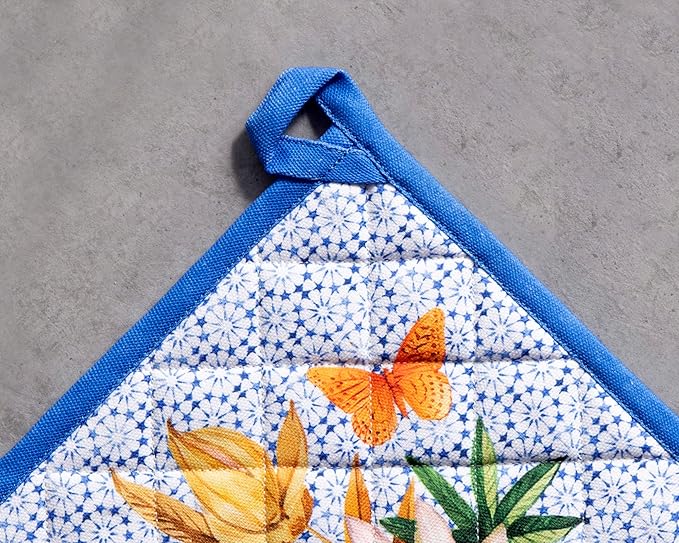 Maison d' Hermine Pot Holders Set 100% Cotton Heat Resistant Potholders 8" x 8" Hot Pads with Loop BBQ, Cooking, Baking, Grilling, Kitchen, Handling Hot Pans Spring/Summer (Pack of 2, Passiflora)