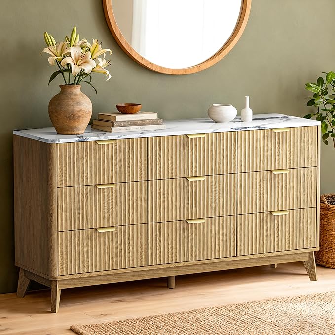 57" Wide Storage Cabinet, Fluted Chest of Drawers with Curved Edges, Wooden Buffet Cabinet with 9 Drawers, Modern Credenza with Faux Marble Top for Living Room, Hallway, Natural