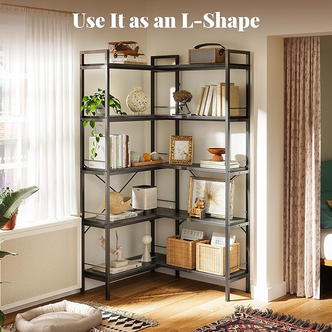 Huuger 5 Tier Bookshelf, L Shaped Corner Bookshelf with 10 Open Shelves, 49.4 Inch Straight Wide Bookcase with Metal Frame and Wooden Board, Adjustable Feet, Grey