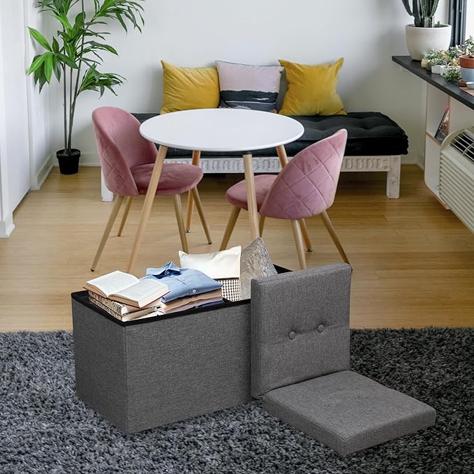 CAROLMADE 30 Inches Storage Ottoman Bench with Flipping Lid, Linen Foldable Storage Footrest, Ottoman with Storage for Living Room Holds up to 330lbs, Dark Grey