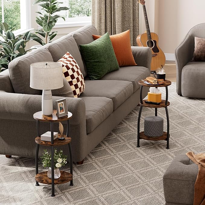 Small Round Side Table, 3-Tier End Table with Storage Shelf, Slim Sofa Table Coffee Table, Sturdy & Easy Assemble Nightstand for Small Spaces, Living Room Bedroom Corner, Rustic Brown