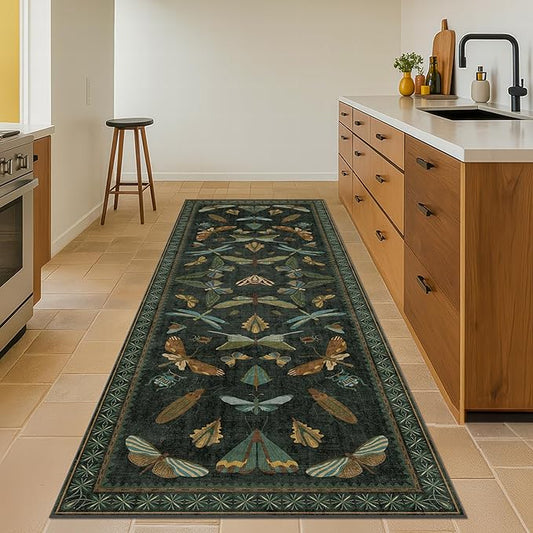 3x12 Long Hallway Runner Rug Non Slip - Washable Front Door Runner Indoor Entrance, Boho Nature Insect Stain Resistant Kitchen Carpet, Low Pile & Soft Indoor Décor (Dark Green)
