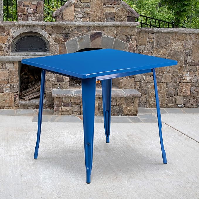EMMA + OLIVER Commercial Grade 31.5" Square Blue Metal Indoor-Outdoor Table