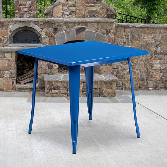 EMMA + OLIVER Commercial Grade 31.5" Square Blue Metal Indoor-Outdoor Table