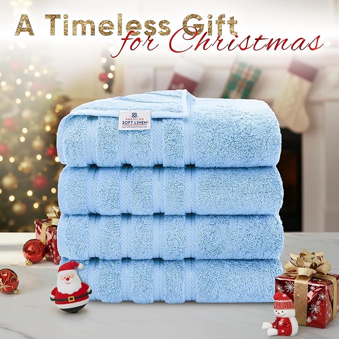 American Soft Linen Luxury 4 Piece Bath Towel Set, 600 GSM 100% Cotton Turkish Bath Towels for Bathroom, 27x54 in Large Bathroom Shower Towels, Sky Blue