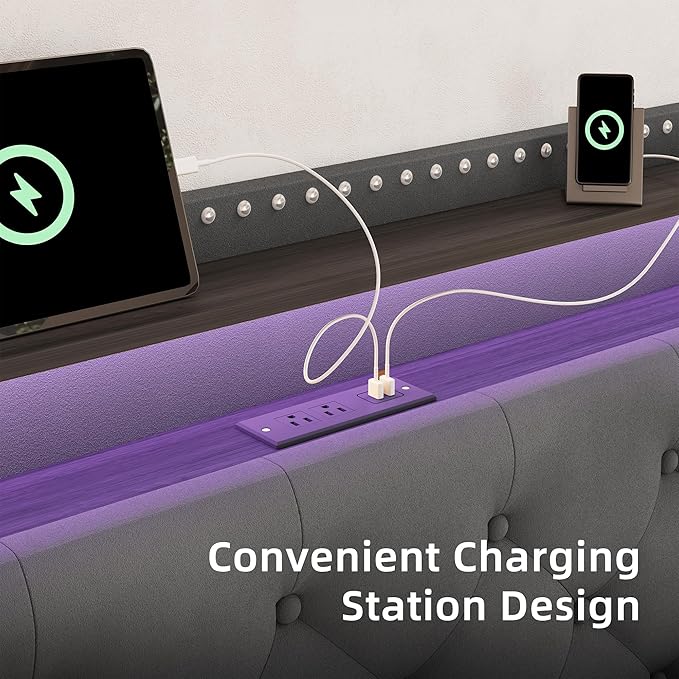 BRELTAM King Size Bed Frame with 4 Storaged Drawers Upholstered Velvet Bed Frame with LED and Charging Station,Platform Bed Frame with Headboard Heavy Duty Wood Slats, Noise Free, Easy Assembly,Grey