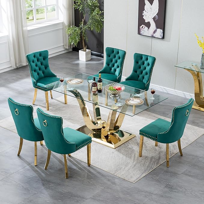 70" Modern Gold Glass Dining Table Set for 6, 7-Piece Rectangle Kitchen Dining Room Table Set with Steel Base & 6 Green Velvet Upholstered Chairs, Modern Glass Kitchen Table and Chairs Set of 6