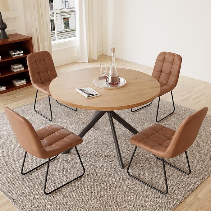Faux Leather Dining Chairs Set of 4, Modern Upholstered Kitchen Chairs with Curved Backrest and Metal Legs, PU Leather Dining Room Chairs for Kitchen Living Dining Room Set of 4 Brown