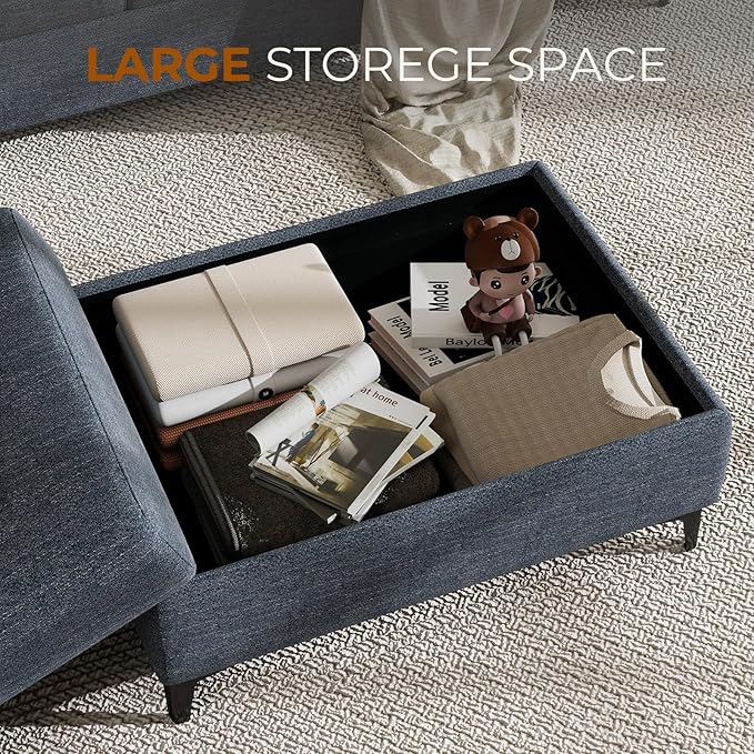 35" Large Storage Ottoman for Living Room, 7.8" Deep Seat Rectangular Ottoman Foot Rest for Couch, Chenille Storage Footstool Load 350 lb （Blue）