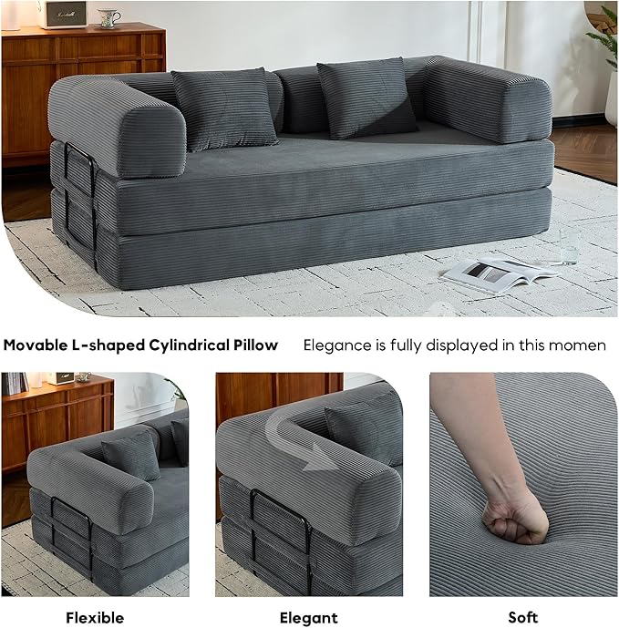 Comfy Convertible Folding Mattress Couch, Floor Sofa Bed with Fixed-Shape Frame, Corduroy Floor Sofa with Armrest, Floor Sofa Lounge Couch for Living Room Bedroom Lounge Studio,Grey