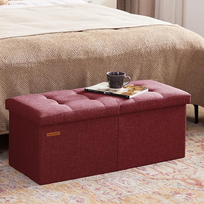 HAUSFRAU 31.5 Inches Ottoman with Storage Bench, Folding Ottoman Bench Small Foot Rest Stool, Bedroom Bench with Flipping Lid, Linen Bordeaux