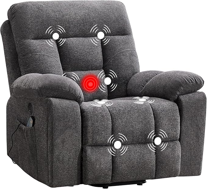 CANMOV Large Power Lift Recliner Chair with Massage and Heat for Elderly Big and Tall People, Overstuffed Wide Recliners with 2 Cup Holders, Side Pocket and USB Port, Dark Grey