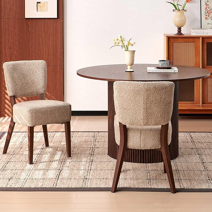 Howtek Modern Dining Chairs Set of 2 with 6.3" Thick Seat Cushions, Space-Saving Stackable Upholstered Kitchen Chairs, Ergonomic Backrest & Wood Grain Metal Legs, Brown