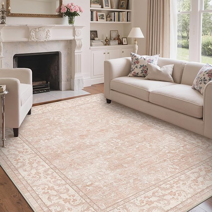 GENIMO 8x10 Washable Area Rug, Non-Slip Vintage Boho Floral Carpet, Soft Low-Pile Thin Living Room Rug for Bedroom, Dining Room, Nursery, Pink White