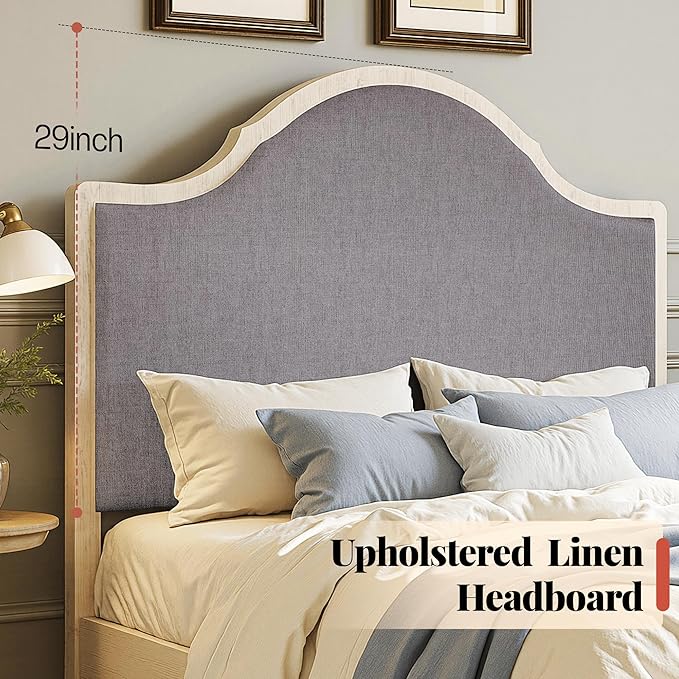 Jocisland Queen Size Bed Frame with Tall Upholstered Curved Headboard, Solid Wood Platform Bed, No Box Spring Needed, Wood Slat Support, Easy Assembly, White