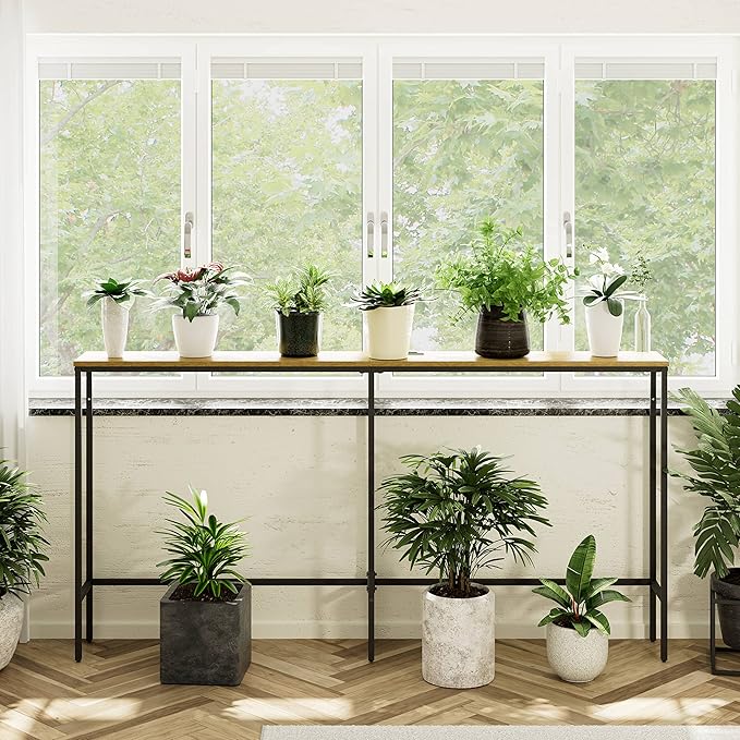 63 Inch Console Table with Power Outlet,Modern Narrow Long Sofa Table Behind Couch,Skinny Entry Table with Black Metal Frame for Entryway,Living Room, Hallway,3D Oak