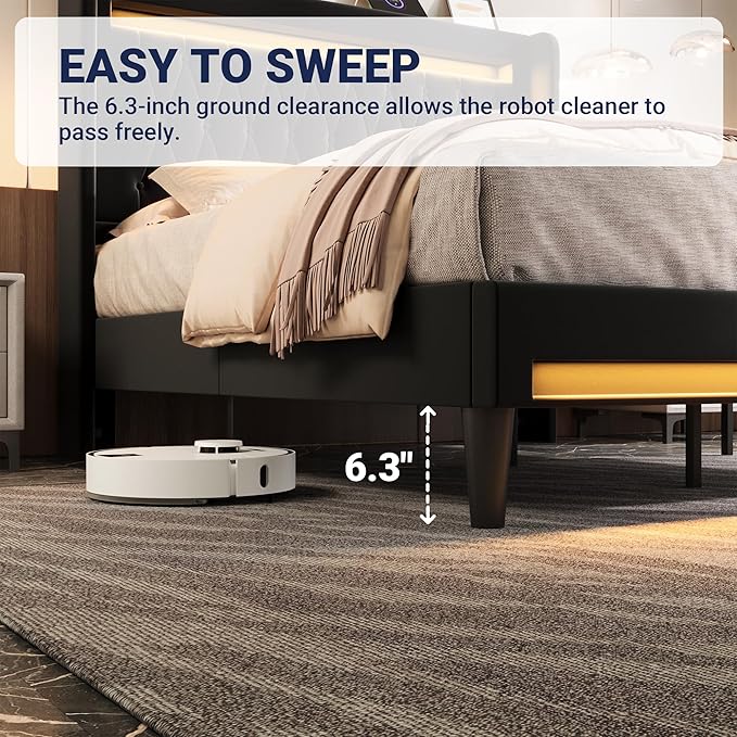 Allewie Upholstered Queen Size Platform Bed Frame with LED Light and Charging Station, Button Tufted High Headboard, Wingback Design, Noise Free, Easy Assembly, No Box Spring Needed, Black