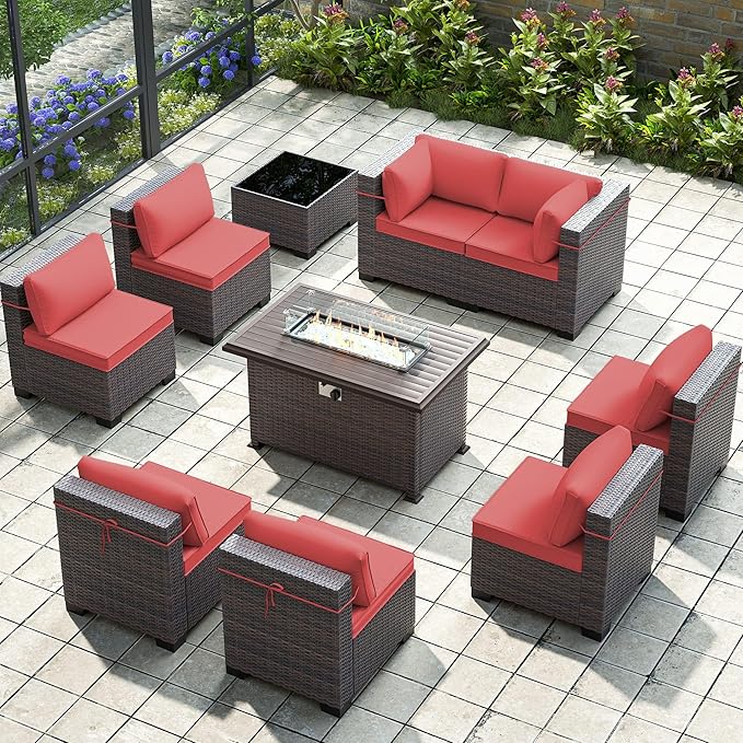 Gotland 10 Pieces Patio Furniture Set with Fire Pit Table, All Weather Rattan Outdoor Furniture with 29.5'' High Backrest 4’’ Thick Cushions Coffee Table, Outdoor Sofa for Deck, Garden, Backyard, Red