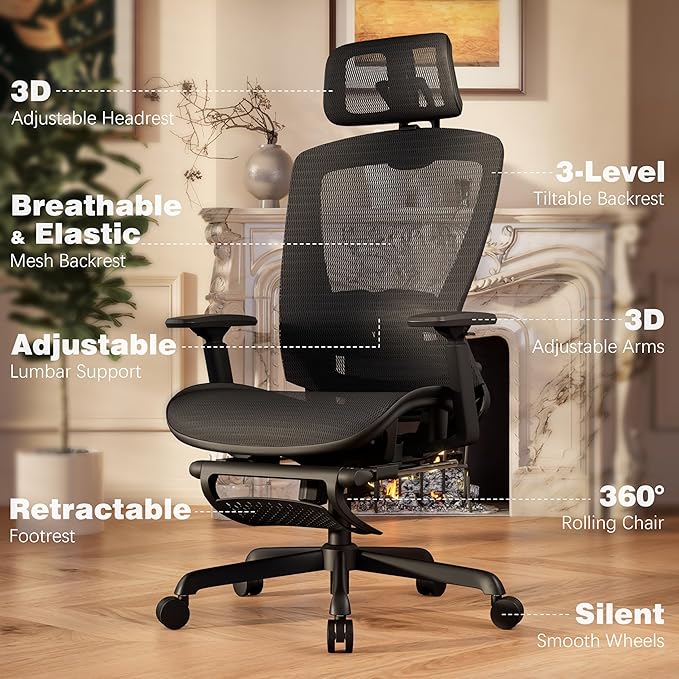 ELABEST T96E Ergonomic Mesh Office Chair with Adjustable Headrest & Footrest,Sturdy Computer Desk Chair - Adjustable Lumbar Support & Armrests,Comfort Wide Seat,Swivel Home Office Chair