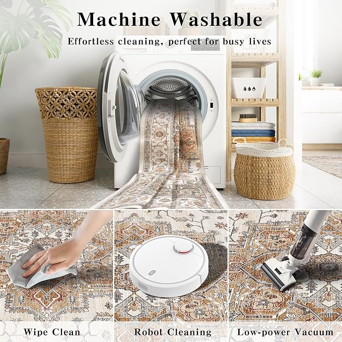 2x6 Vintage Runner Rug Low Pile Runners Non-Slip Machine Washable Rug Retro Distressed Print Lightweight Carpet for Hallway Kitchen Living Room Bedroom Laundry Room