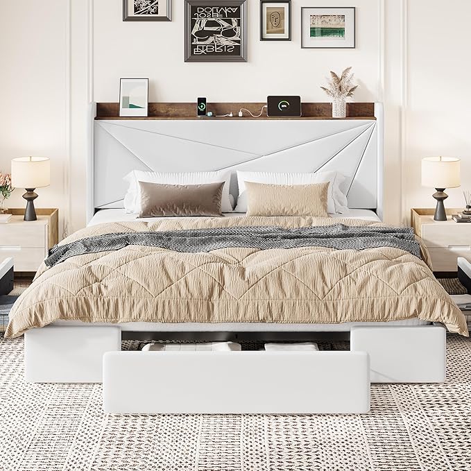 SHA CERLIN King Size Bed Frame with 3 Drawers, USB & Type-C Charging Ports, Velvet Upholstered Platform Bed with Modern Geometric Wingback Storage Headboard, No Box Spring Needed, Easy Assembly, White