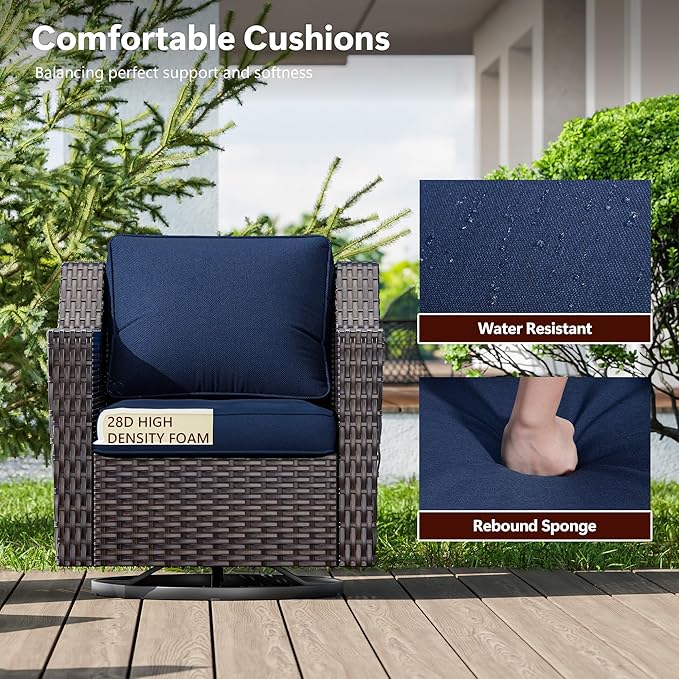 5 Pieces Wicker Patio Furniture, Luxury Outdoor Furniture with 2 Patio Swivel Chair, 2 Patio Ottoman and 1 Side Table, Wide Armrest, Thickened Cushions, Ideal for Deck, Porch Use